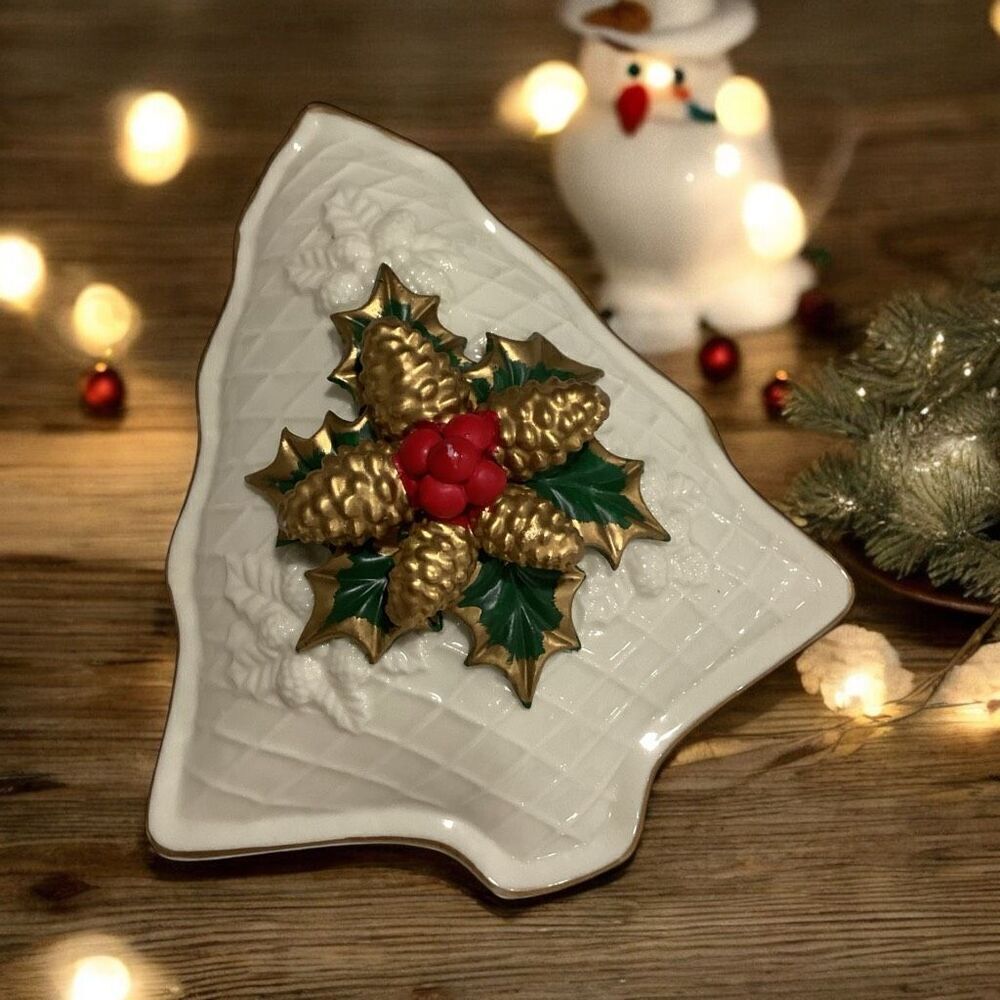 Vintage Porcelain Poinsettia Christmas Tree Shaped Large Trinket Box